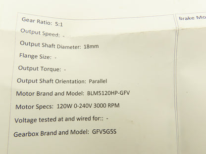 Oriental Motor BLM5120HP-GFV Brushless DC Gear Motor 0-240V 5:1 Gearhead GFV5G5S