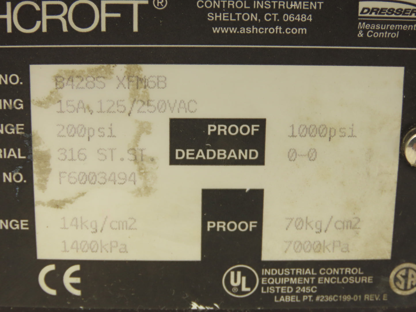Ashcroft B428S XFM6B Pressure Control Switch 200 PSI Proof 1000 125/250 1/4"NPT