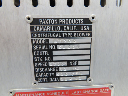 Paxton AT700 Centrifugal Blower 500 CFM 10Hp 3500 RPM 230/460V 3PH Belt Drive