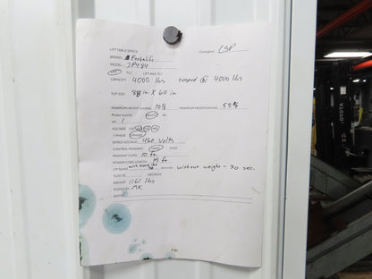 Pentalift 7P484 4000lbs Hydraulic Scissor Lift Table 48" Travel 88x60" Top 3Ph