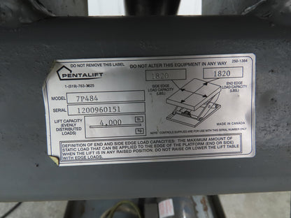 Pentalift 7P484 4000lbs Hydraulic Scissor Lift Table 48" Travel 88x60" Top 3Ph