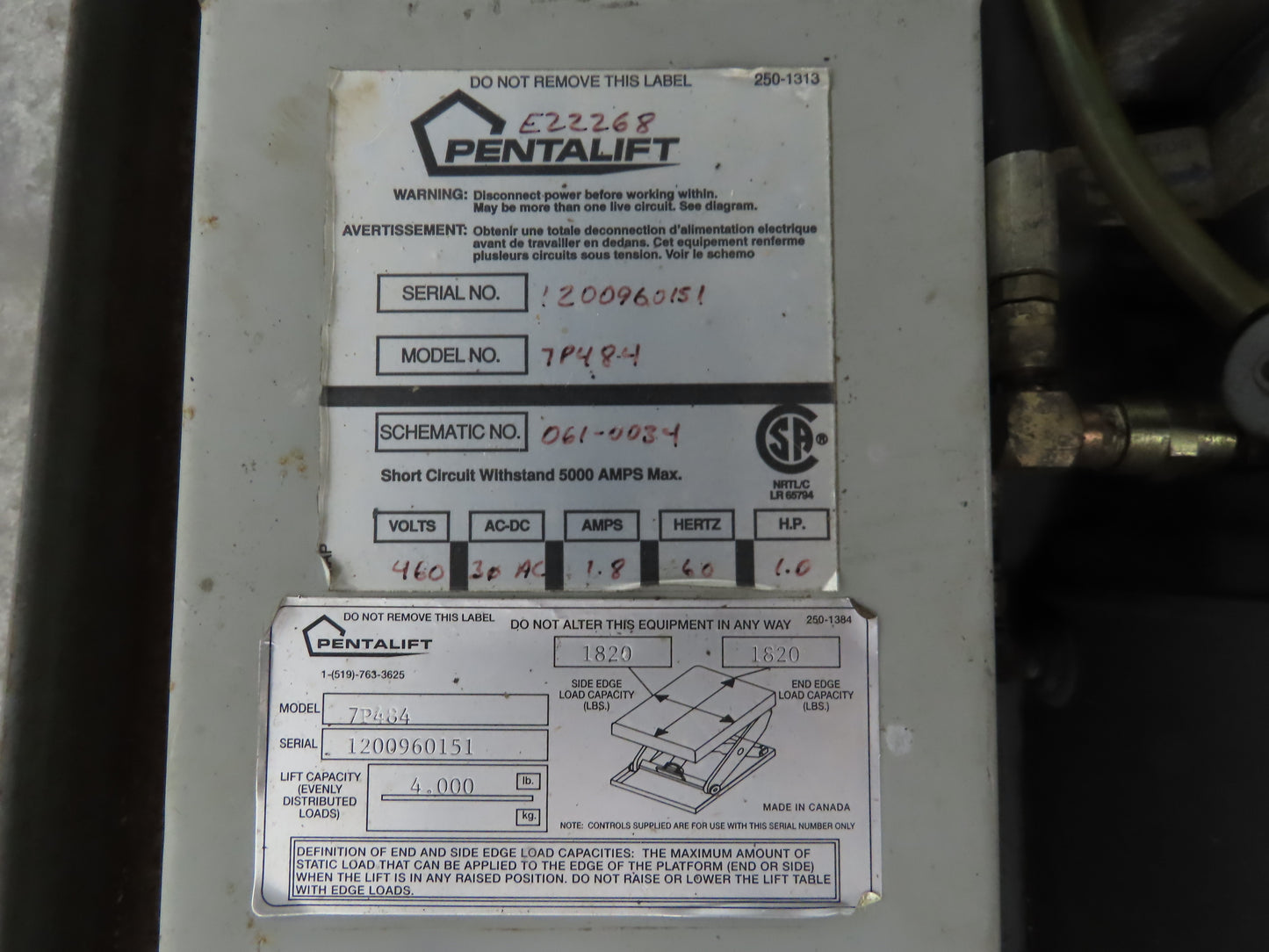 Pentalift 7P484 4000lbs Hydraulic Scissor Lift Table 48" Travel 88x60" Top 3Ph