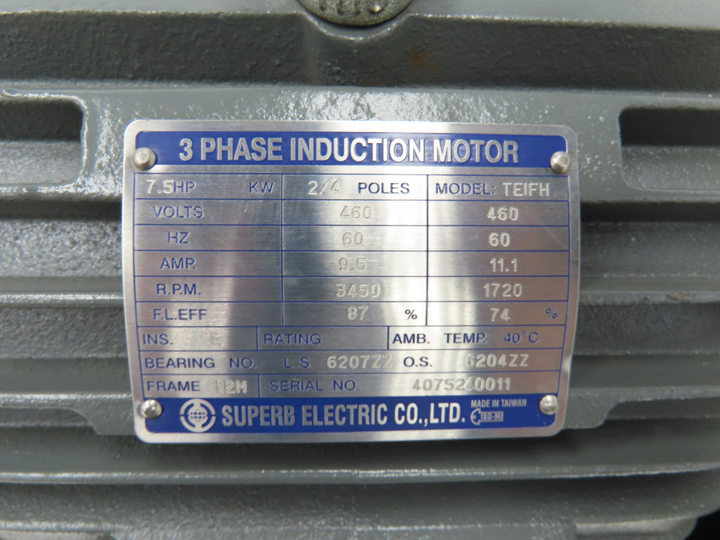 Superb Electric TEIFH Pin Router Motor w/Pulley 7.5Hp 1720/3450RPM 460V 3PH 112M