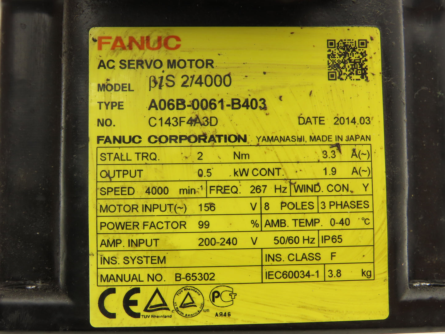 Fanuc A06B-0061-B403 AC Servo Motor 0.5kw 4000 RPM Encoder A860-2020-T301