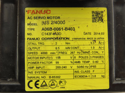 Fanuc A06B-0061-B403 AC Servo Motor 0.5kw 4000 RPM Encoder A860-2020-T301