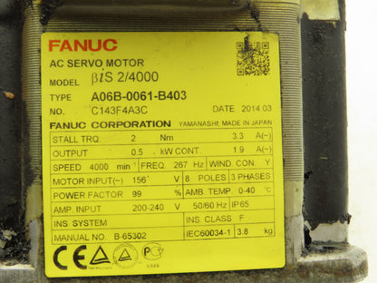 Fanuc A06B-0061-B403 AC Servo Motor 0.5kw 4000 RPM Encoder A860-2020-T301