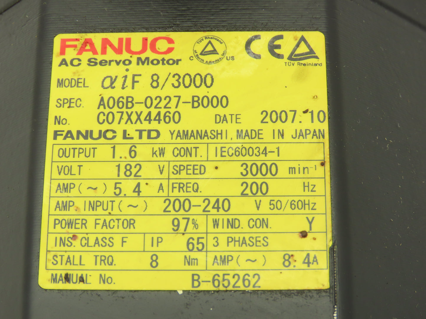 Fanuc A06B-0227-B000 AC Servo Motor 1.6kw 3000 RPM Encoder A860-2000-T301