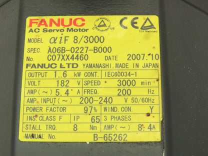 Fanuc A06B-0227-B000 AC Servo Motor 1.6kw 3000 RPM Encoder A860-2000-T301