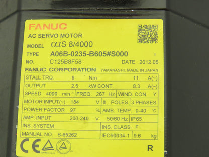Fanuc A06B-0235-B605 AC Servo Motor 2.5kw 4000 RPM Encoder A860-2010-T341