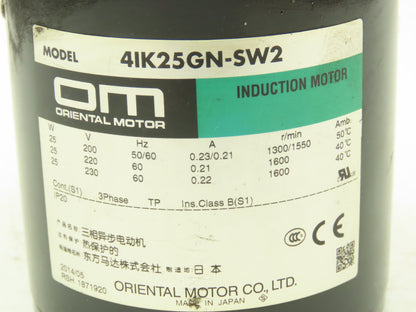 Oriental Motor 4IK25GN-SW2 Induction Motor 25W 1600 RPM 200-230VAC 3PH