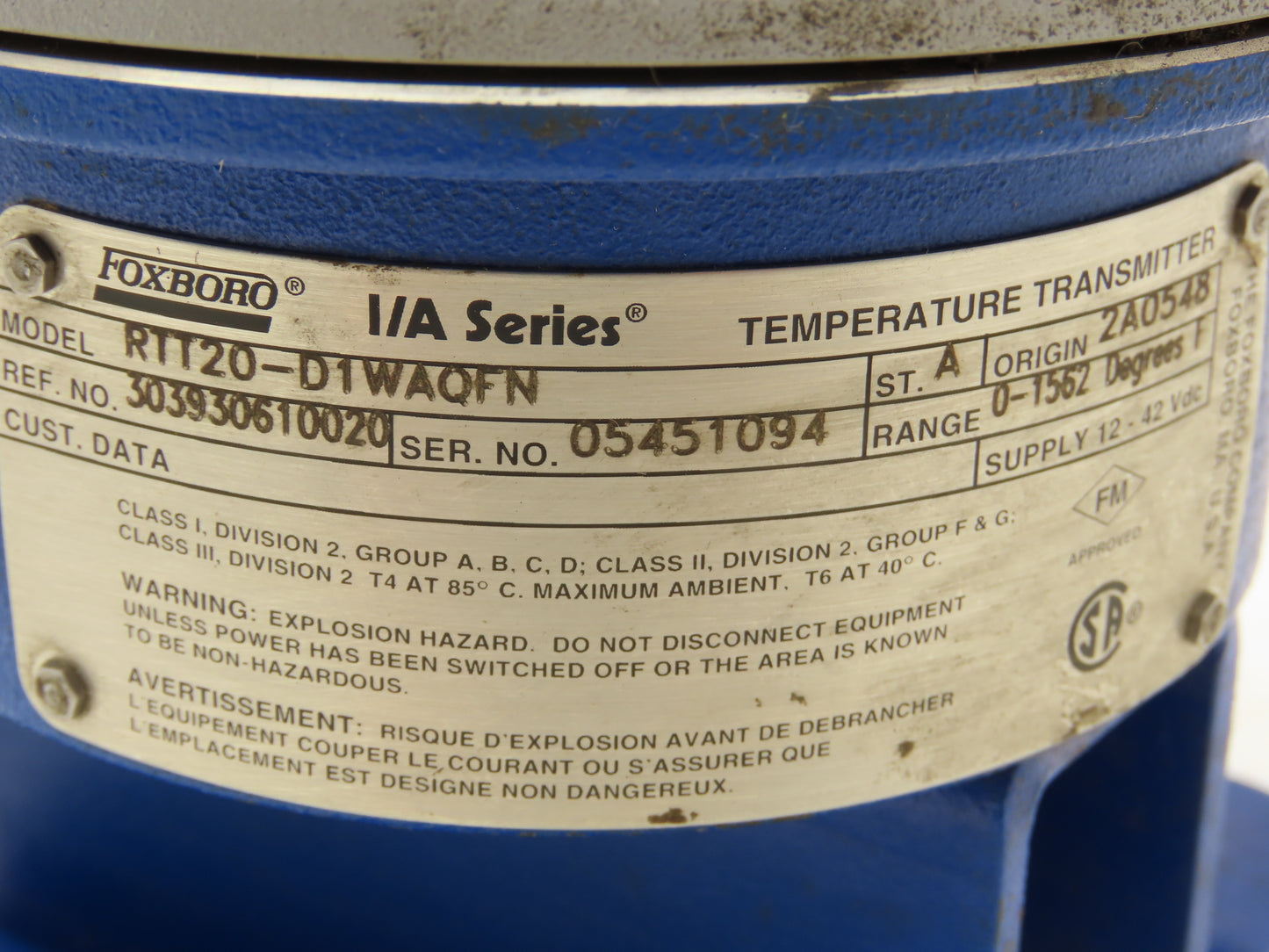 Foxboro RTT20-D1WAQFN Temperature Transmitter 12-42VDC I/A Ser 0-1562°F 2"