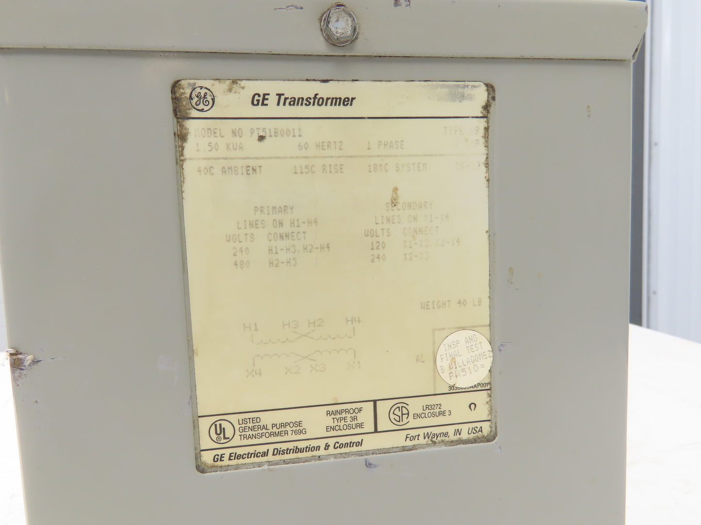GE General Electric 9T51B0011 Transformer 1.5kva HV 240/480V LV 120/240V 1PH