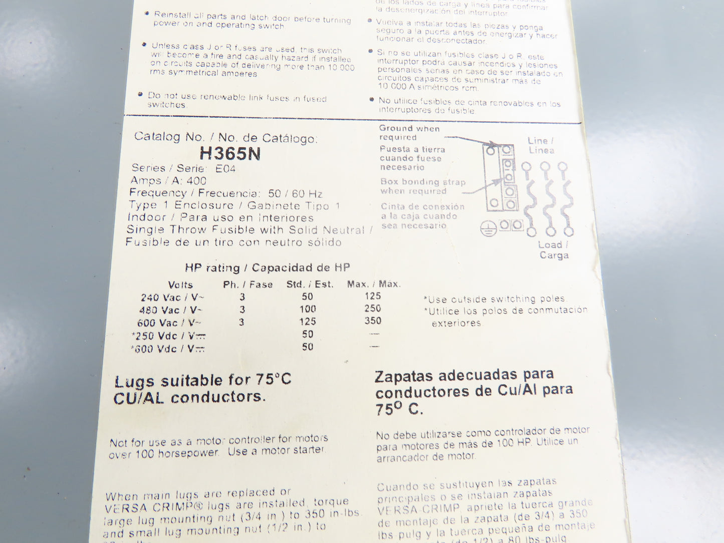 Square D H365N Safety Disconnect Switch 400A 600V 3 Pole Fused Type E04