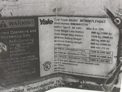 Yale Front End Plastic Shroud Removed From MTR007LFN24T Tow Truck