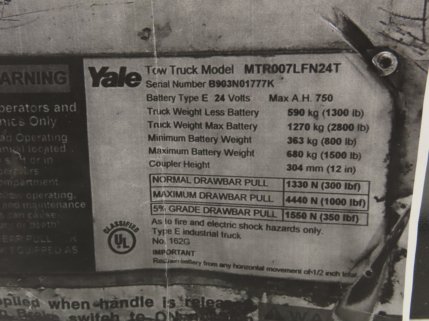 Yale Operator Rubber Cab Cushion Removed From MTR007LFN24T Stand Up Tow Truck