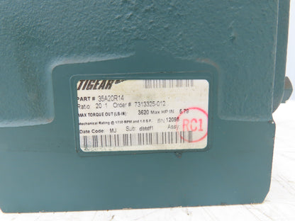Dodge 35A20R14 Tigear 2 Gearbox 20:1 Reducer 87rpm 5.8Hp RH 143/145TC 3620 Lb-In