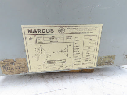 Marcus MT15A4 TWF Isolation Transformer 15KVA HV 600V LV 480Y/277V 3PH