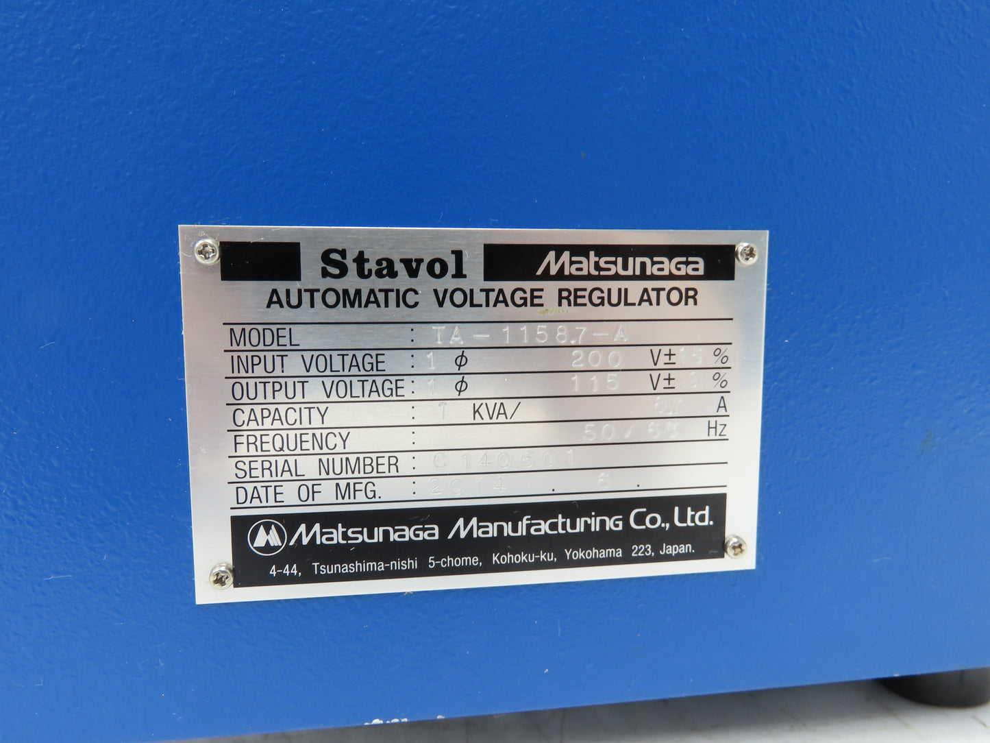 Stavol Matsunaga TA-1158.7-A Automatic Voltage Regulator 200V Input 115V Output