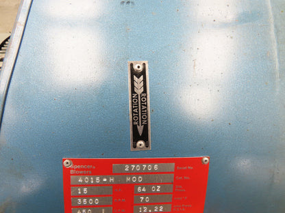 Spencer Centrifugal Multistage Blower Vacuum 450CFM 6x6" GE 15Hp 230/460V 3Ph