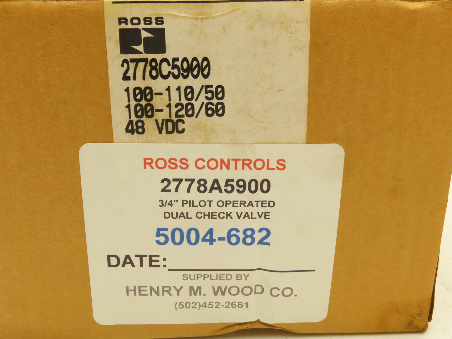 Ross 2778C5900 Pilot Operated Dual Check Valve 3/4"NPT 120VAC 48VDC 2778A5900