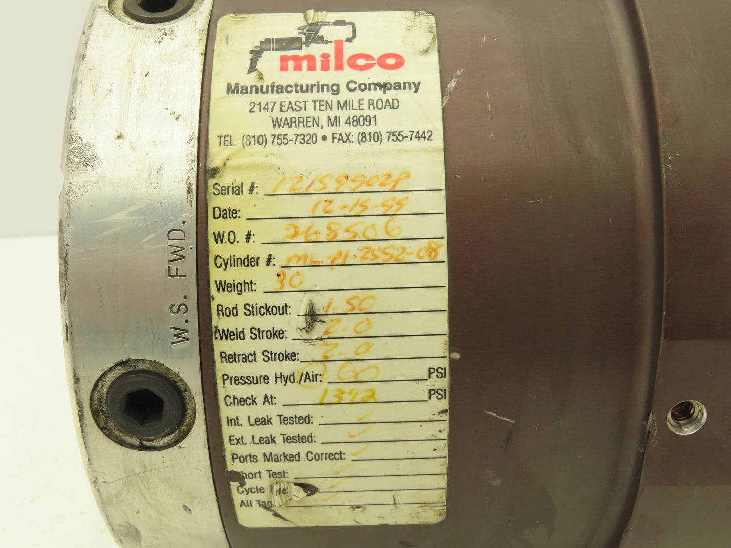 Milco ML-P1-2552-08 Pneumatic Robot Spot Welder Cylinder 2" Weld Stroke 60 PSI