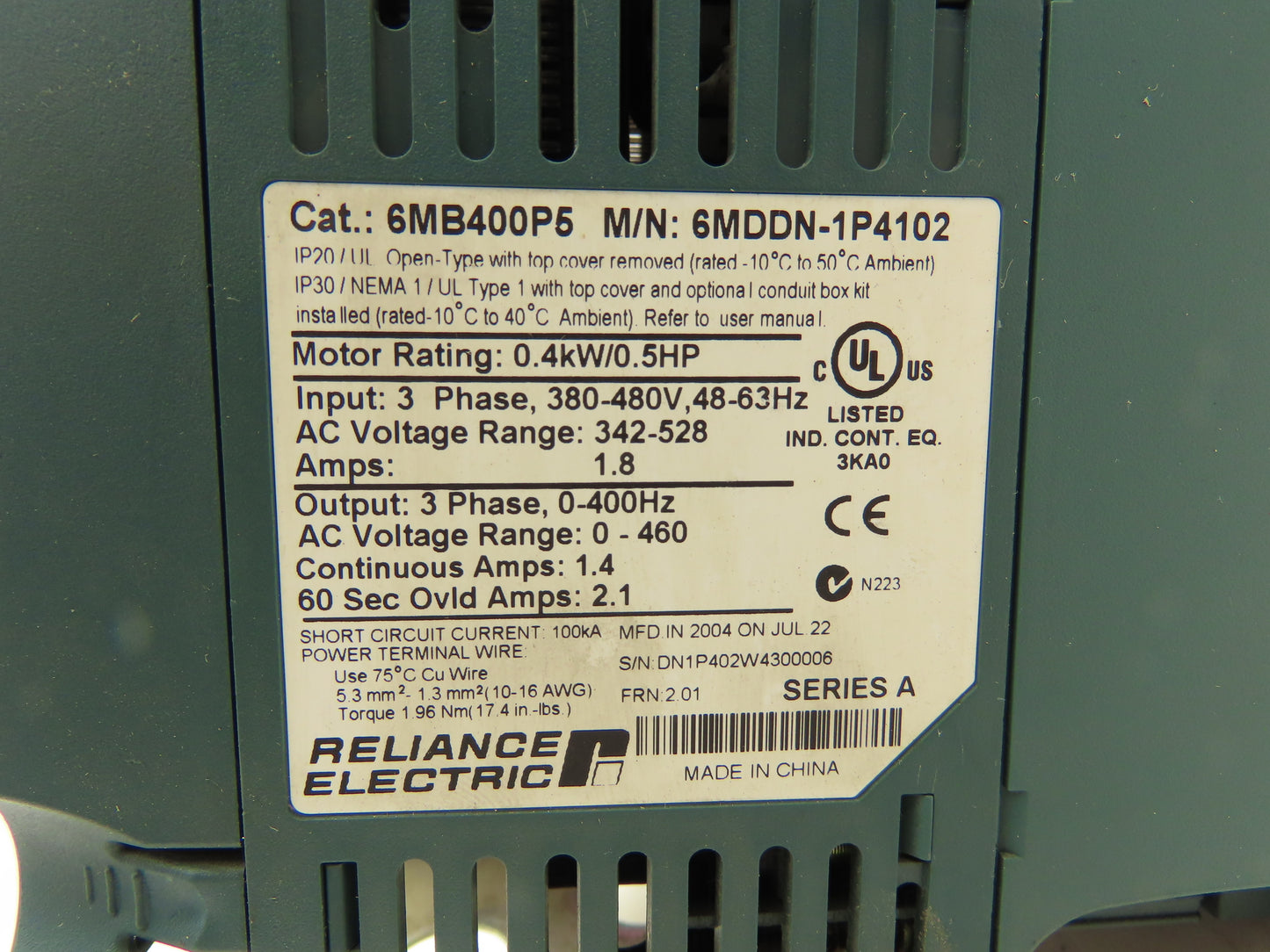 Reliance Electric 6MB400P5 Variable Speed VFD AC Drive 1/2Hp 480V 3PH Ser MD65