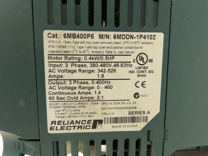 Reliance Electric 6MB400P5 Variable Speed VFD AC Drive 1/2Hp 480V 3PH Ser MD65