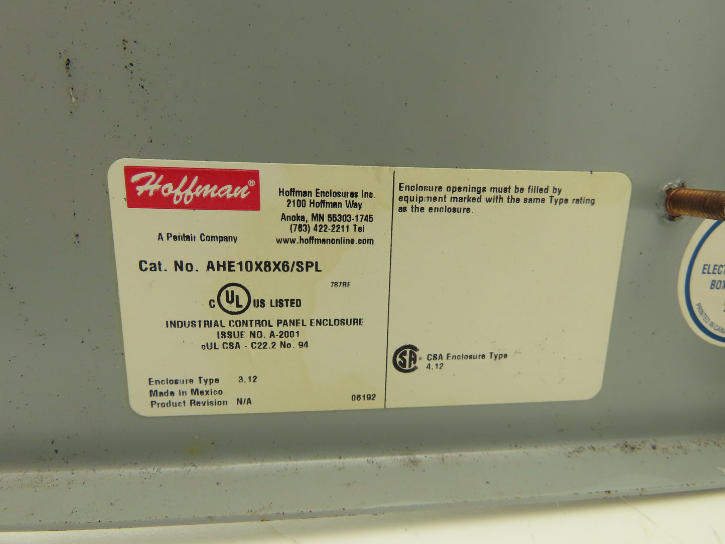 Hoffman AHE10X8X6/SPL Electrical Enclosure 10x8x6" Wall Mount Panel Nema 12