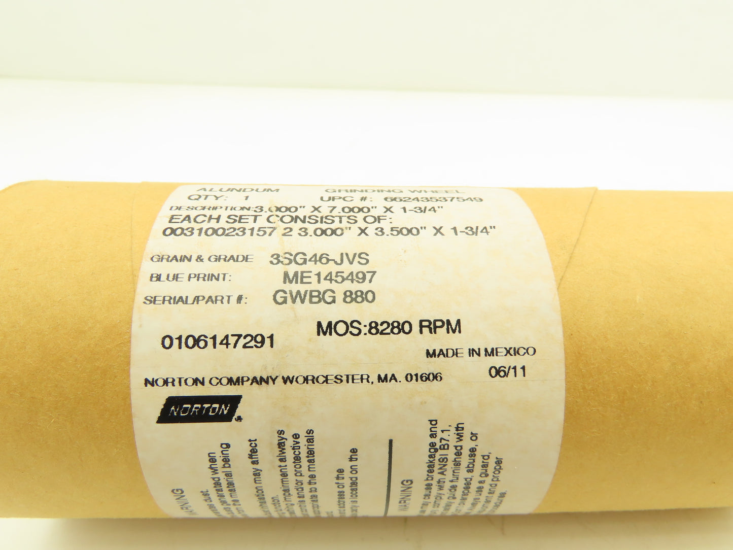 Norton GWBG-880 Alundum 3SG46-JVS Grinding Wheel 1.75"OD x 2.0"L x 1"ID Lot of 2