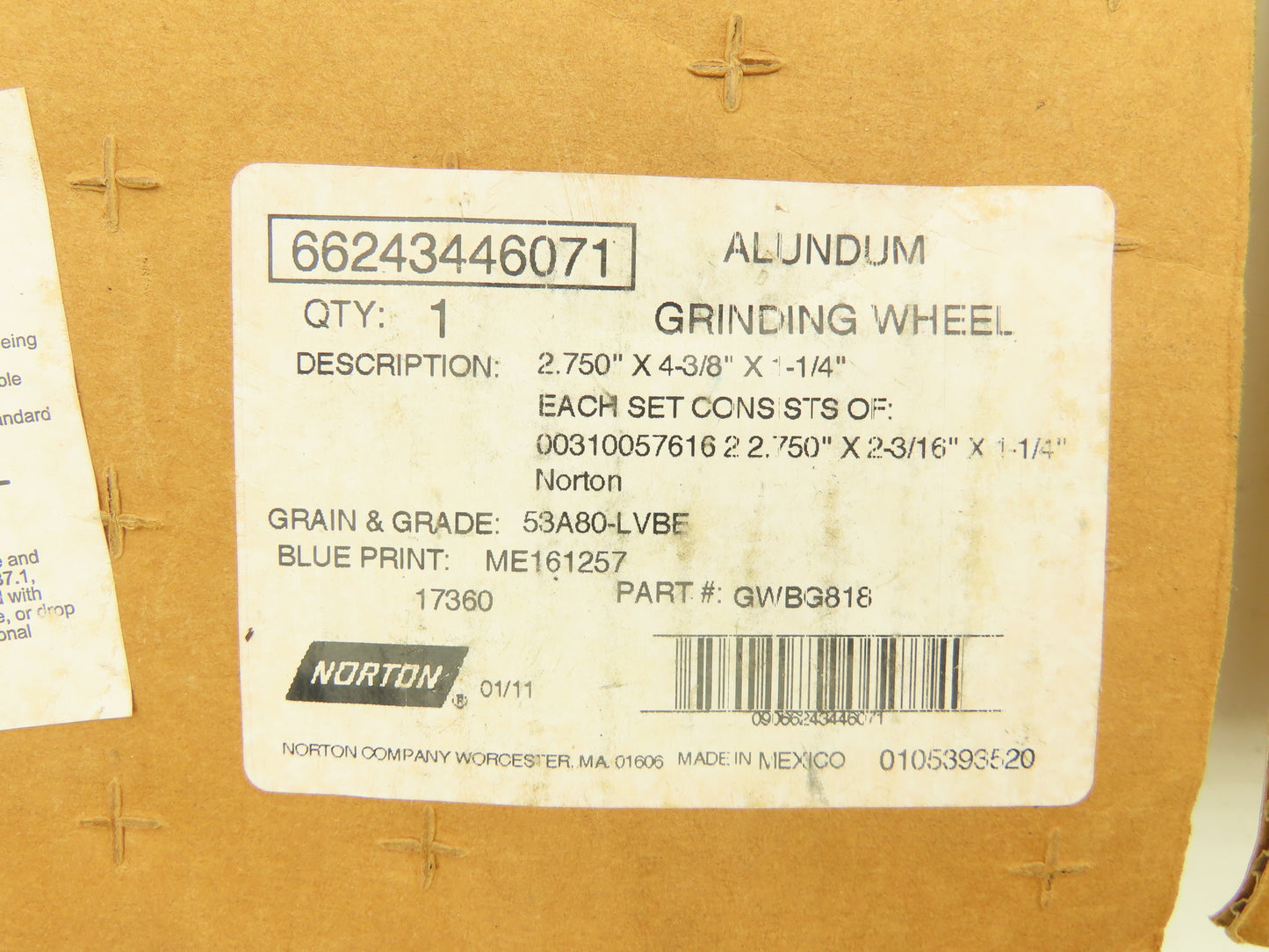 Norton GWBG-818 Alundum Grinding Wheel 2.75x4-3/8x1-1/4" 17360 RPM Lot of 3 Sets