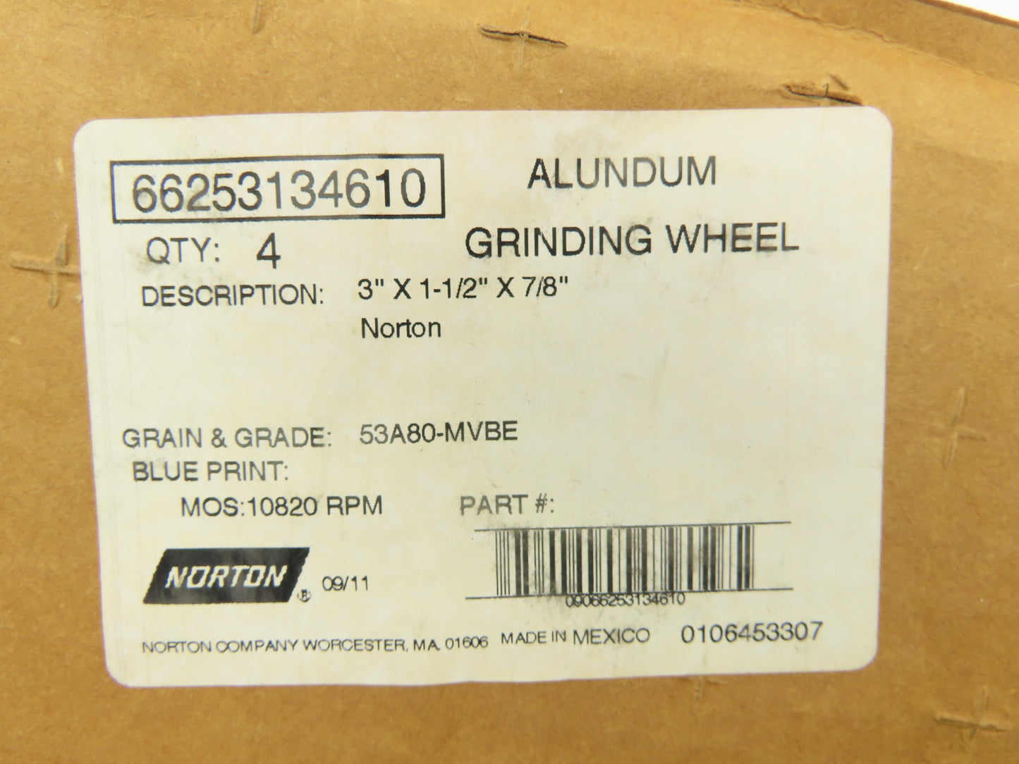 Norton GWBL 510 Alundum Grinding Wheel 3"x1-1/2x3" 10820 RPM Lot of 12