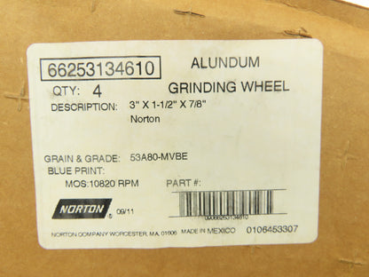 Norton GWBL 510 Alundum Grinding Wheel 3"x1-1/2x3" 10820 RPM Lot of 12