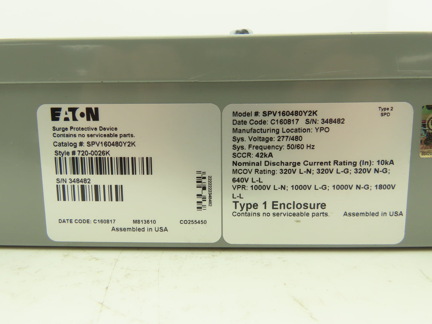Eaton 720-0026K Surge Protective Device 277/480V 50/60Hz 42kA SCCR 10kA Nominal