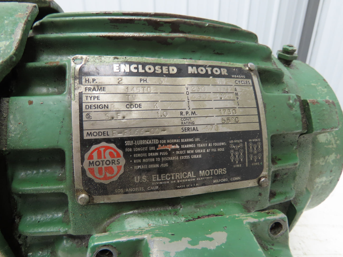 US Motors F-F166-00 AC Motor 2Hp 1730rpm 230/460V 60Hz 3Ph 145TC Frame