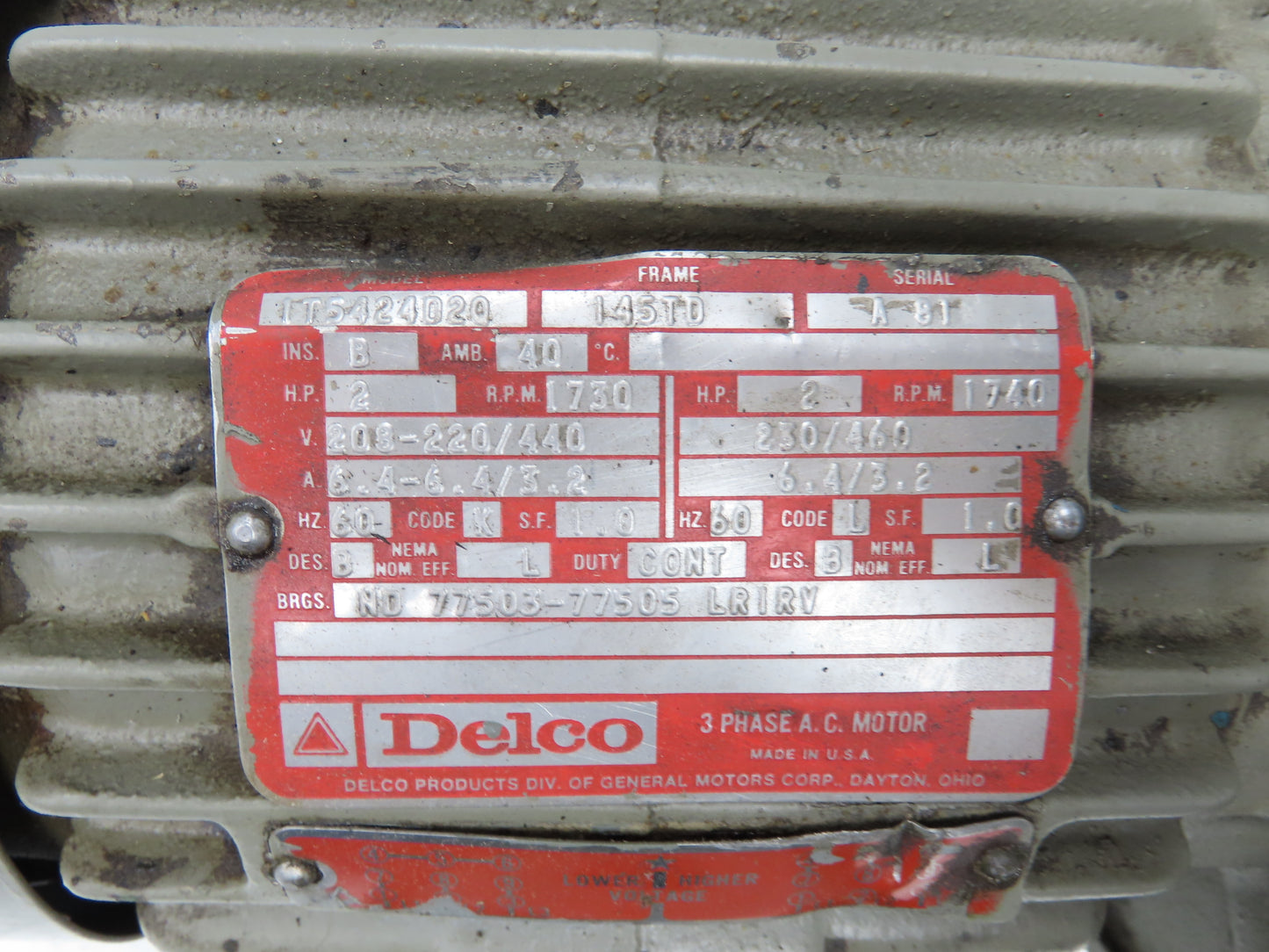 Delco GM 1T5424D20 AC Motor 2Hp 1740rpm 208-460V 60Hz 3Ph 145TD Frame