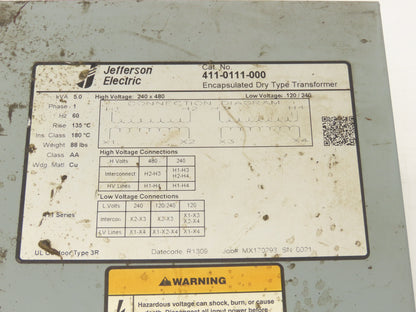 Jefferson 411-0111-000 Transformer 5kva 240/480HV 120/240LV 1PH Type 3R