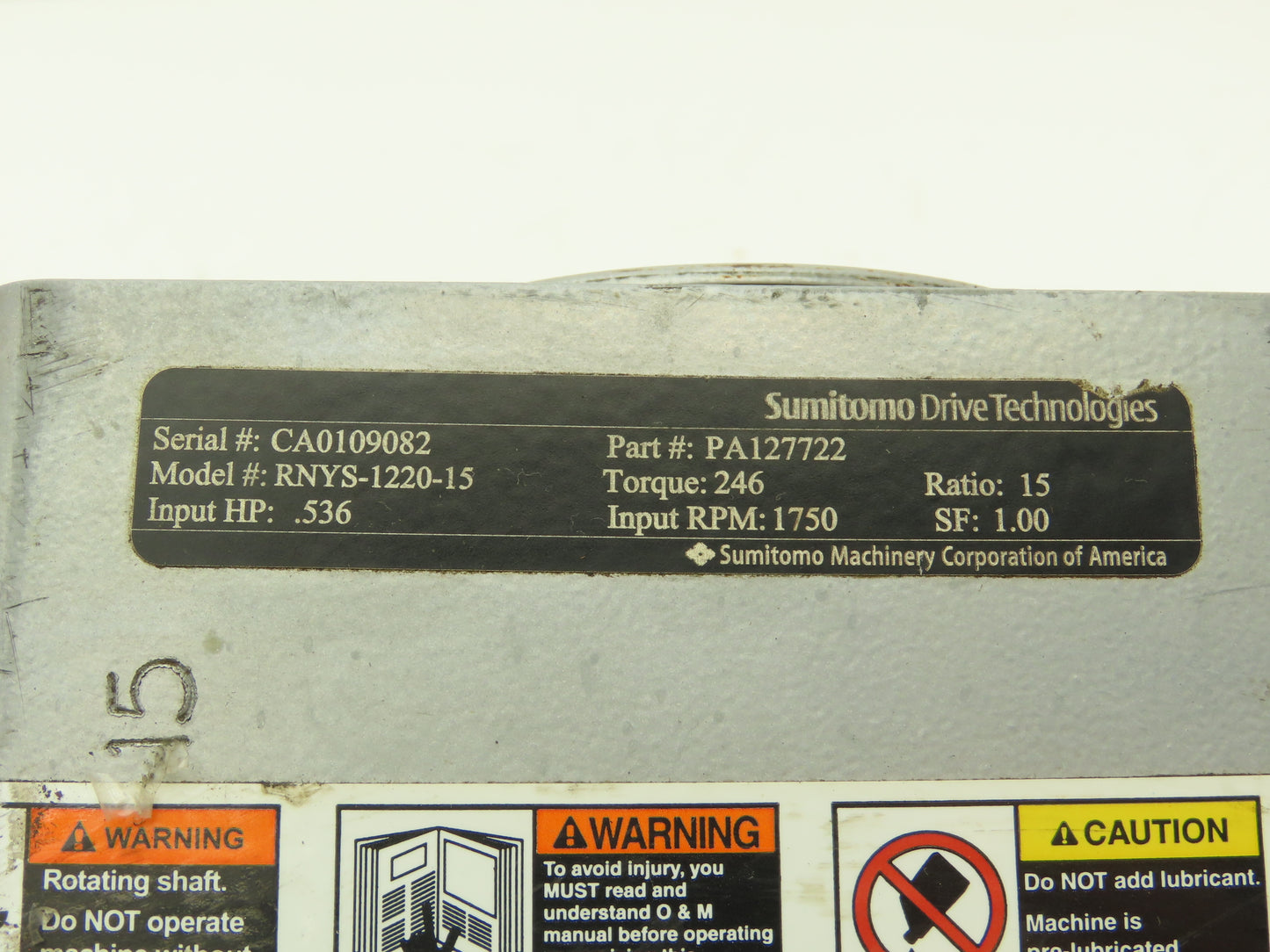 Sumitomo RNYS-1220-15 Servo Gearbox 15:1 Reducer 0.5Hp 116rpm Hollow Shaft