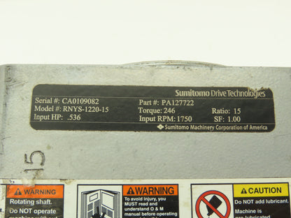 Sumitomo RNYS-1220-15 Servo Gearbox 15:1 Reducer 0.5Hp 116rpm Hollow Shaft