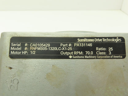 Sumitomo RNFMS05-1320LC-X1-25 Gearmotor 25:1 Ratio .5Hp 70rpm 3PH Hollow Shaft