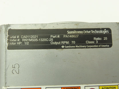 Sumitomo RNYMS05-1320C-25 Gearmotor 25:1 Ratio .5Hp 70rpm 3PH Hollow Shaft