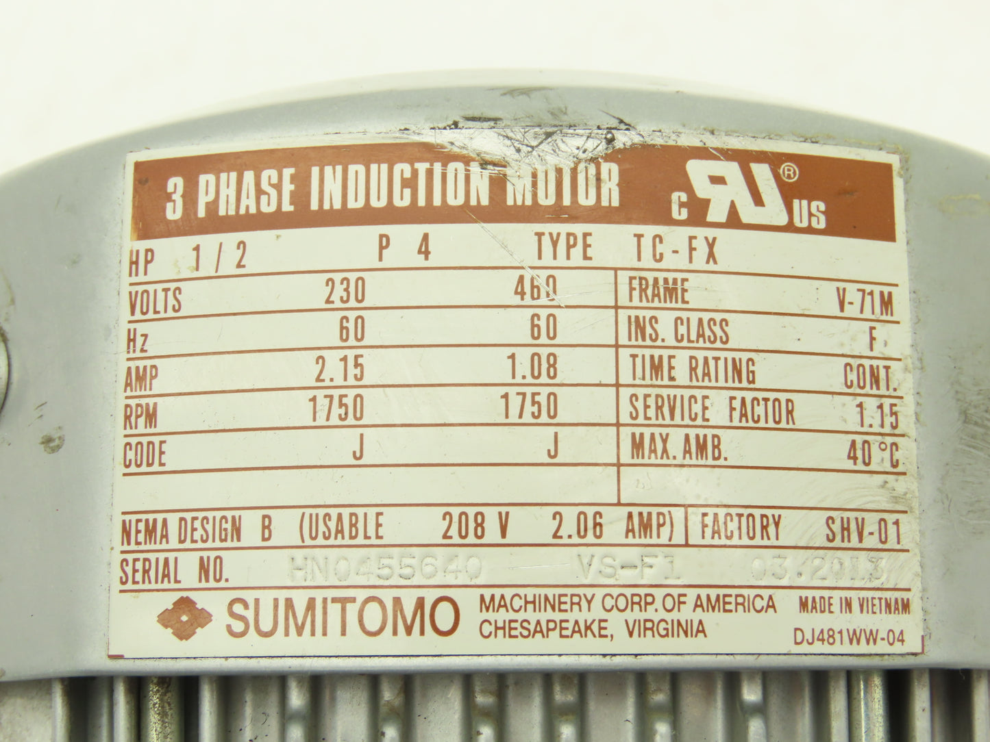 Sumitomo RNYMS05-1320C-25 Gearmotor 25:1 Ratio .5Hp 70rpm 3PH Hollow Shaft