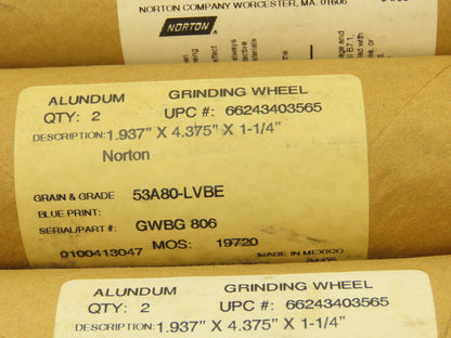 Norton GWBG806 Alundum Grinding Wheel 1.937" x 4.375 x 1-1/4" Lot of 10 Wheels