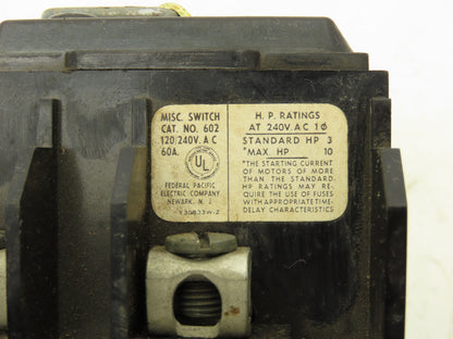 Federal Pacific 602 Pullout Disconnect Switch Fuse Block 2-Pole 60A 120/240V (3)
