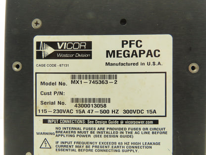 Vicor MX1-745363-2 PFC Megapac 300VDC Power Supply 115-230VAC 15A 47-500Hz