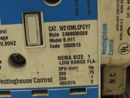 Westinghouse Control W210MLCFCY7 Advantage Reversing Contactor Assy 3Ph 2Hp
