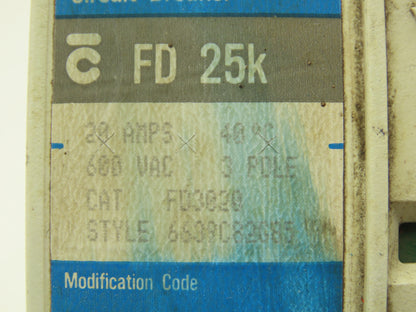 Westinghouse FD3020 Industrial Circuit Breaker 20A 3 Pole 600VAC 25K Ser C