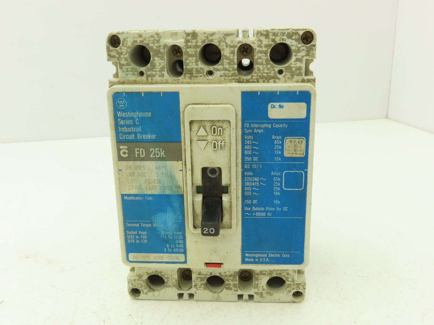 Westinghouse FD3020 Industrial Circuit Breaker 20A 3 Pole 600VAC 25K Ser C