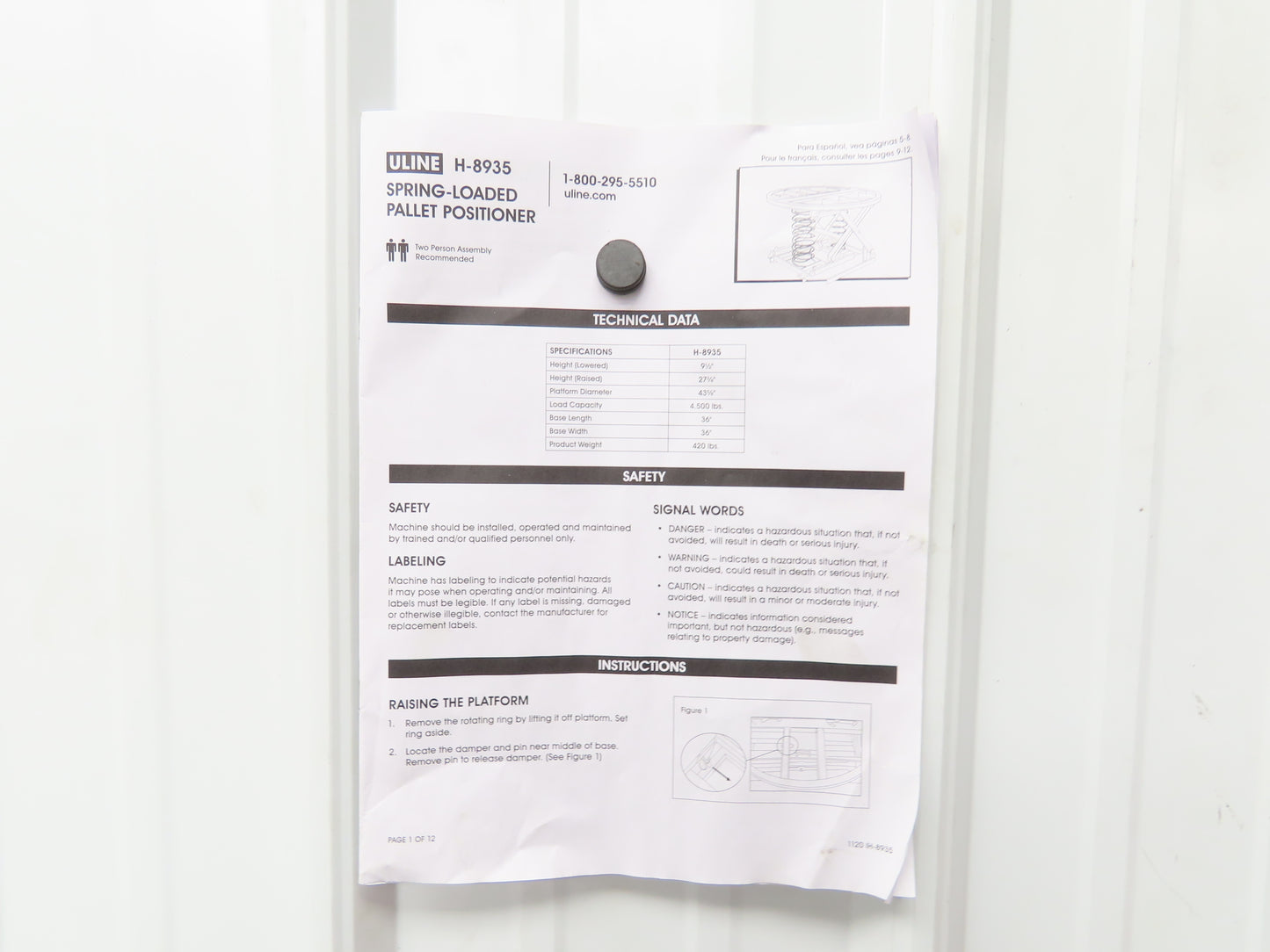 Uline H-8935 Spring-Loaded Pallet Positioner Level Loader 43-5/8" Round Top