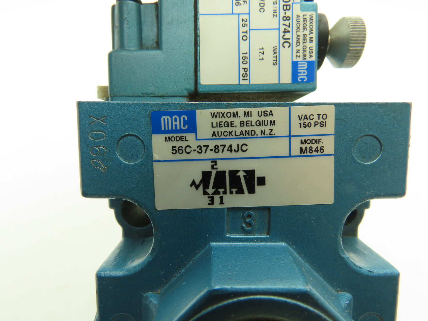 MAC 56C-37-874JC Pneumatic Piloted Solenoid Valve 3-Way 24VDC 150PSI  3/4NPT