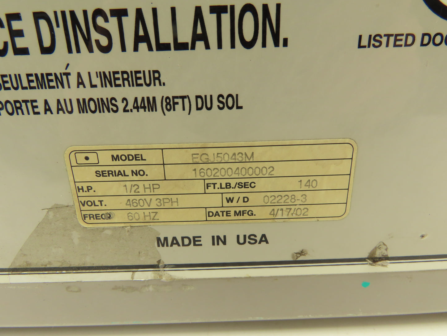 Liftmaster EGJ5043M Overhead Door Operator 1/2 Hp 140 Ft. Lb./Sec 460V 3Ph
